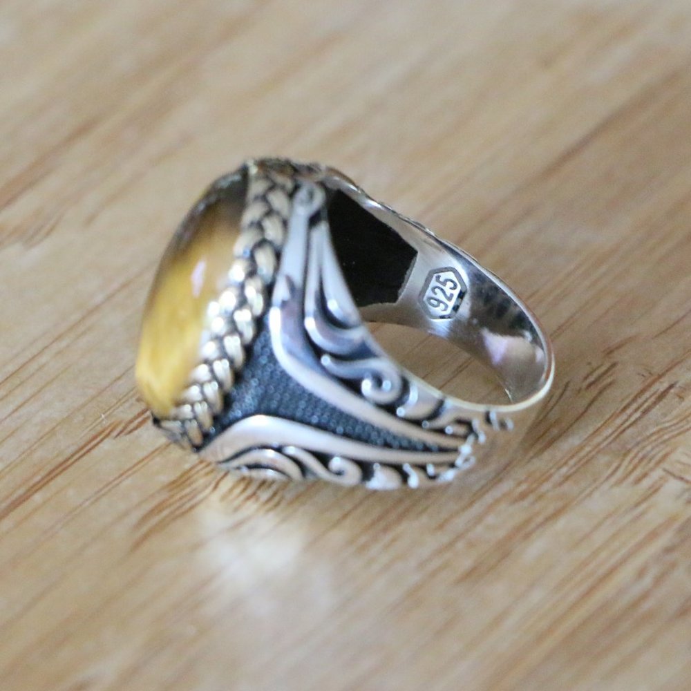 925 Sterling Silver Men's Ring with Tiger Eye - Picture 12 of 13